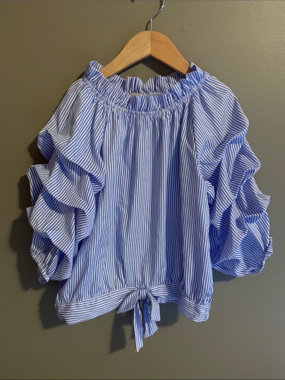 Habitual Blue and White Striped Ruffle Sleeve Tie-Hem Blouse. Girls size 14
